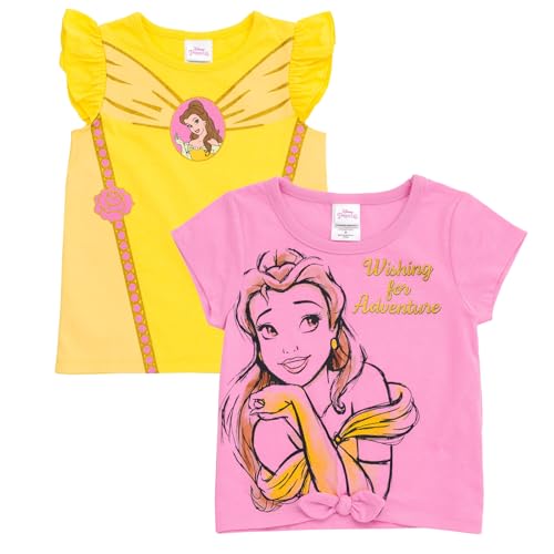 Disney Princess Descendants Zombies Lilo & Stitch Minnie Mouse Encanto Lot de 2 t-shirts pour filles, Belle, jaune/rose, 7-8