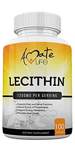 Soy Lecithin 1200mg Capsules Supplement for Heart, Liver & Brain Health – Supports Immune System, Brain Function & Metabolism - Non-GMO & Made in The USA- 100 Softgels 1200mg by Amate Life