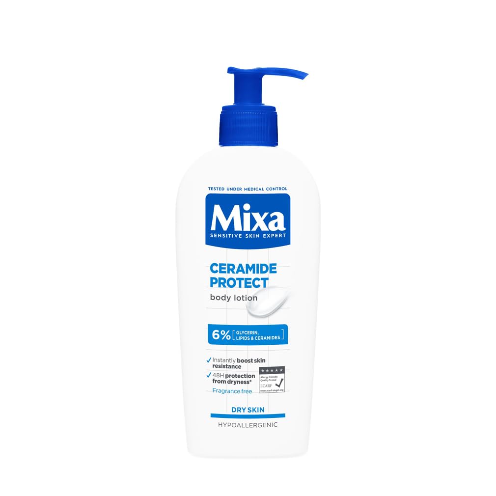 Mixa Lozione Corpo Idratante Rinforzante, Per Pelli Sensibili e Molto Secche, Pelle Protetta da Secchezza per 48H, Con il 6% di Ceramidi, Glicerina e Lipidi, Senza Profumo, Ceramide Protect, 250 ml