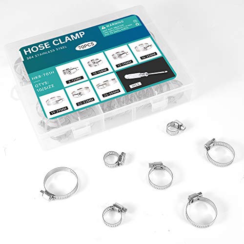 Hose Clamps Assortment, 70Pcs Worm Drive Hose Clamp Adjustable 6-38mm Diameter Range Stainless Steel Pipes Hose Ducting Clips Kit with Screwdriver for Plumbing Automotive Mechanical Application