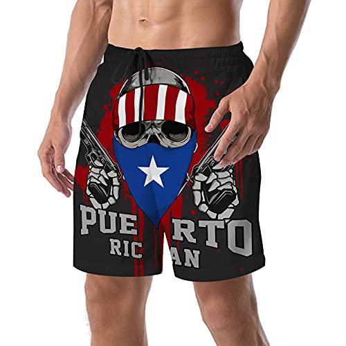 Shuwekk Puerto Rico Flag Skull With Gun Men's Summer Surf Swim Trunks Beach Board Shorts Quick Dry With Mesh Lining And Pockets,Xx-Large White #TOP2