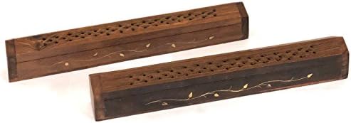 Vrinda 2 Pack Wooden Coffin Incense Burner with Leaves Inlays and Storage Compartment - 12x2x1.5 inches