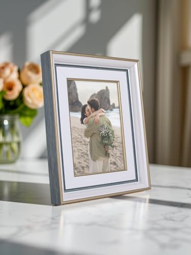 Image of GOLDEN PEACOCK Antique White, Blue and Gold 5x7 Inch Photo Frame | Set of 1 Elegant Wall & Tabletop Picture Frame for Home Decor and Gifting