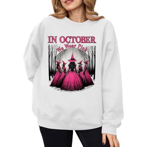 In October We Wear Pink Sweatshirt,In October We Wear Pink Hoodie,Breast Cancer Awareness Shirt Funny Ghost Witch Tops