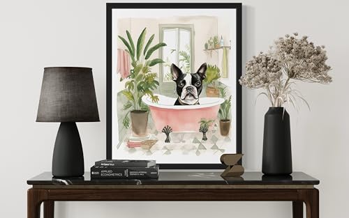 Image of Boston Terrier in Bathtub Black Framed Wall Art Poster Print, Animal Bathtub Restroom Wall Art Painting for Bathroom Decor Gallery Gallery 30 (Boston Terrier in Bathtub, 14 inch L x 11 inch W, Black Frame)