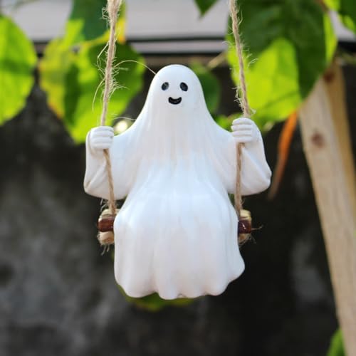 JARPSIRY Swing Ghost Garden Statue Outdoor Halloween Decor 3.39 Inch Cute Ghost Figurine Resin Sculpture Funny Tree Hanging Ornaments for Patio Lawn Yard