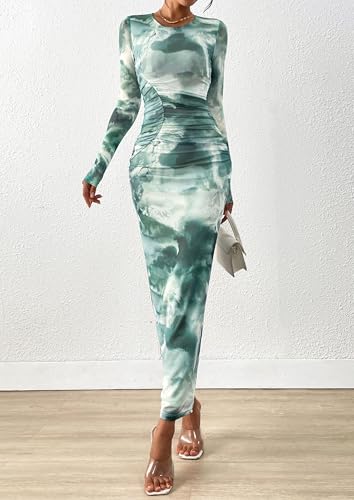 PRETTYGARDEN Fall Wedding Guest Dresses for Women 2025 Long Sleeve Ruched Sexy Bodycon Floral Mesh Cocktail Party Maxi Dress