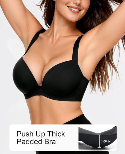 Upushall Push Up Padded Bra Add 2 Cups Plunge Underwire Support Back Smoothing T-Shirt Balconette Bras for Women Black 34B — view 5