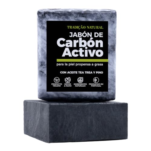 Tradição Natural Jabón de Carbón Activado 100g – Artesanal, Vegano y Natural – Para Piel Mixta a Grasa – Con Aceite de Oliva Bio y Árbol de Té – Limpieza Purificante