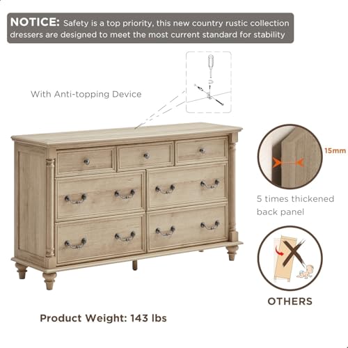 T4TREAM Farmhouse 7 Drawers Dresser Chests for Bedroom with 4 Solid Wood Feet, Tall Wide Wood Country Rustic Chest of Drawers, Storage Dressers for Bedroom, Living Room,Natural Oak