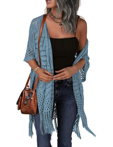 Image of HOTOUCH Womens Knit Cardigan Open Front Outwear Hollow Out Crochet Tassel Lightweight Kimonos Sweater S-XXL