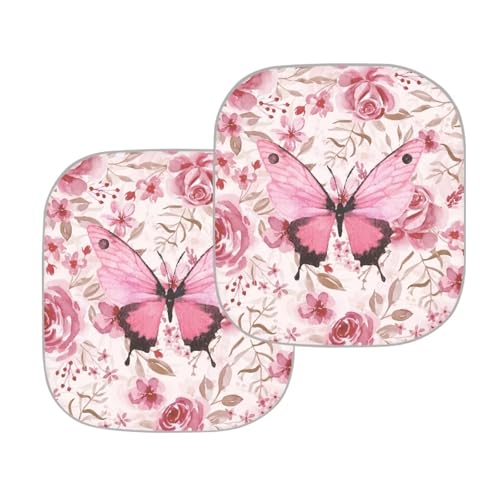 Image of Pink Butterfly Car Sun Shade for Windshield, 2-Pack, Universal Fit, 28.5 x 25.5 inches, Butterfly Print