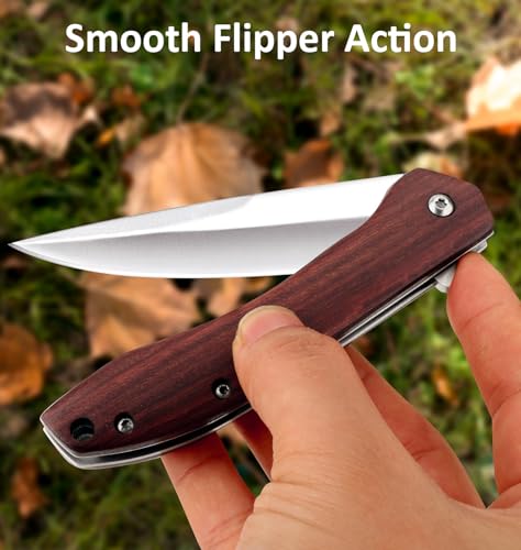 Folding-Pocket-Knife-Sharp-and-Solid-D2-Blade-Wood-Handle-Flipper-Camping-Folding-Knife-with-Liner-Lock-Good-for-EDC-Outdoor-Survival-Camping-Collection