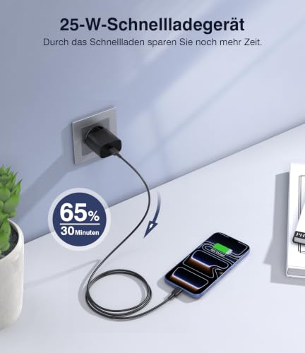 Anykon 2er-Pack 25W USB C Ladegerät 30% Schnellladegerät mit 1.8m Ladekabel – Ansicht 3
