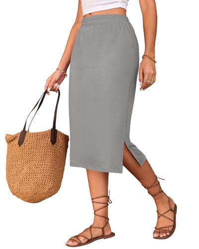 Naggoo Ladies Straight Skirts Summer Casual Stretchy Side Slit Midi Length Pencil...