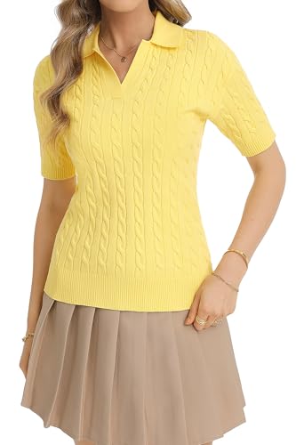 Image of QUALFORT Cable Knit Women's Short Sleeve Sweater Soft V Neck Polo Tops