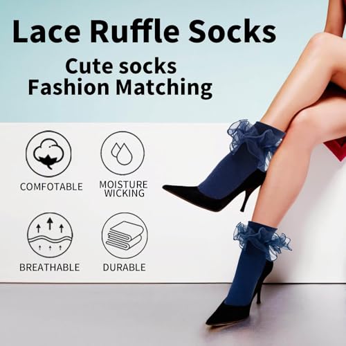 Image of Women Big Ruffle Ankle Socks Adult Double Lace Frilly Turn Cuff Dress Socks Cotton Cute Fancy Bobby Crew Socks