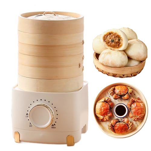 Vaporiera elettrica in bambù a 3 livelli, 350 W, per verdure, gnocchi e carni, con pentola da 800 ml e manopola regolabile, design facile da pulire
