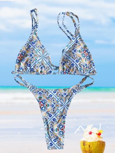 Image of Women's Sexy Thong Bottom Two Piece Bikini Double Shoulder Straps Cute Swimsuit Triangle Bathing Suit
