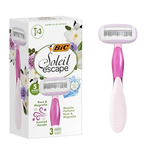 BIC Soleil Escape 5-Lame Rosa & Magnolia Rasoi da Donna con Banda Idratante all’Olio di Mandorla - Confezione da 3