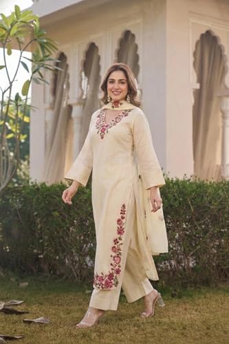 Image of ANNI Designer Kurta Sets for Women Viscose Blend Embroidered | Kurta Palazzo Dupatta Set | Designer Kurti Set for Women | V Neck Full Sleeve Ethnic Suit | Indian Kurta Outfit with Palazzo Pants