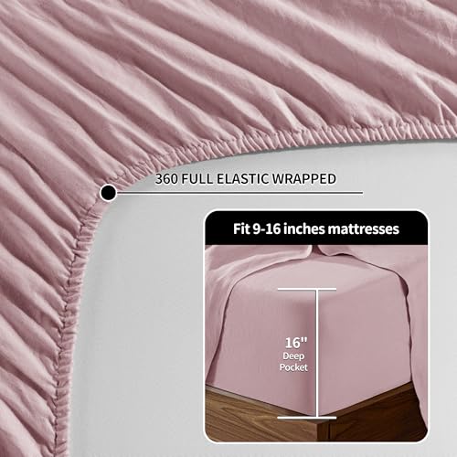 Image of 100% Pure Linen Sheet Set 4pcs Natural Linen Sheets Embroidery Purple Color Full Size, Relaxed Texture
