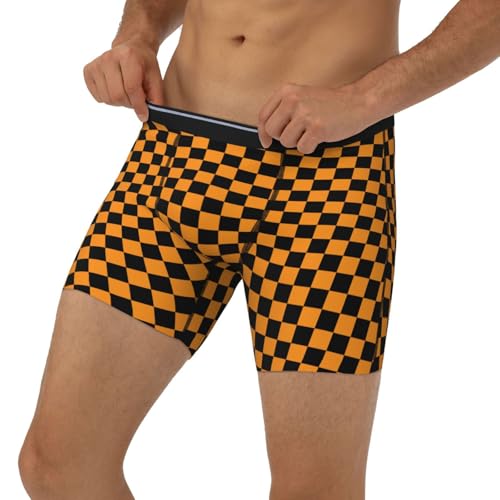 Mens Underwear, Black Orange Checkered Print Boxers for Men, Soft Moisture-Wicking Breathable Boxer Briefs