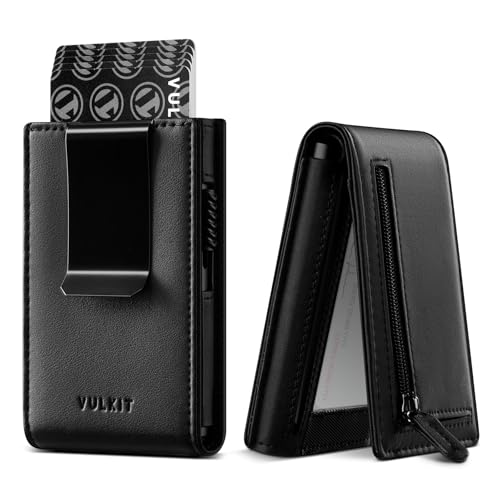 VULKIT Wallet for Men- RFID Blocking Leather Wallet with Money Clip, Pop Up Card Wallet, with ID Window & Family Photo Window