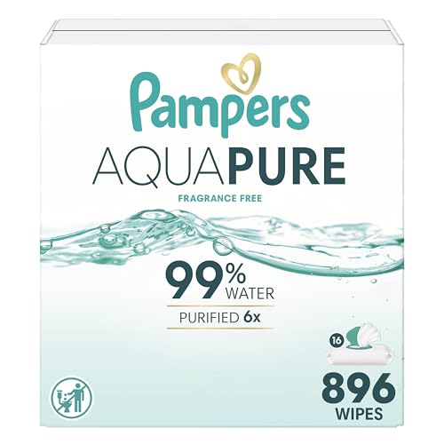 Image of Pampers Aqua Pure Baby Wipes, 99% Water, Fragrance Free, Unscented, Water Based, Multi-Use, 896 Wipes Total (16X Flip-Top Packs) [Packaging May Vary]