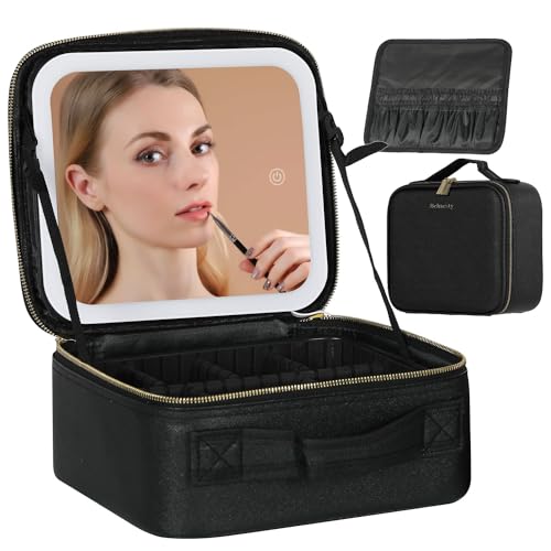 Behaesty Travel Makeup Bag with LED Lighted Mirror, Cosmetic Makeup Organizer Bag with 3 Color...