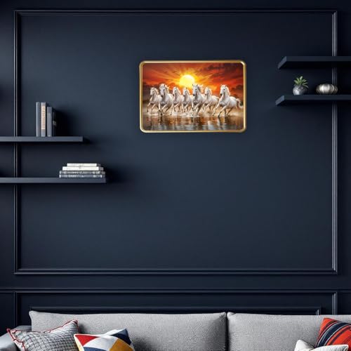 Image of Dharvika Innovations Vastu 7 Seven Running Horse Photo Frame, Golden Slim Frame, Sparkle Coated Lamination, 30x45 cm (Design 14)