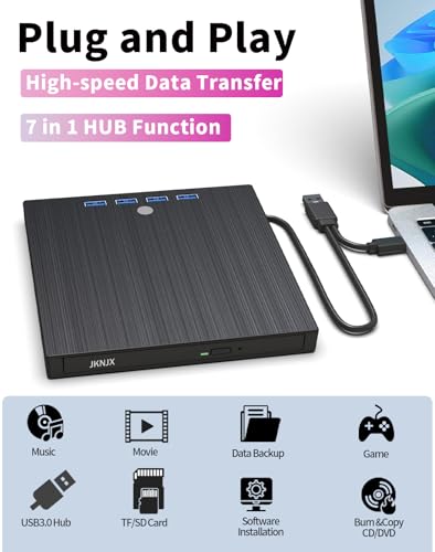 Image of External CD DVD Drive,9 in 1 USB 3.0 and Type-C CD Burner Player Writer with 4 USB Ports and 2 TF /SD Card Slots,Ultra Slim Optical Disk Driver for Laptop Mac PC Windows Linux OS