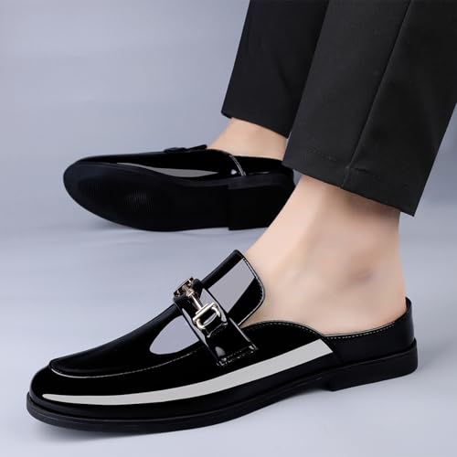 Image of Men's Patent Leather Slip-On Dress Mules Slippers Fashion Printing Comfort Round Toe Low Heel Open Backless Casual Clogs Loafers with Metal Buckle Decoration