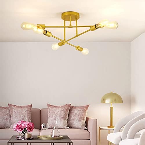 focondot Ceiling Light Fixture, 6-Light Semi Flush Mount Ceiling Light, Mordern Gold Chandeliers for Bedroom Dining Room Living Room Kitchen Foyer