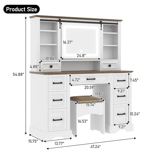 Image of JIVOIT Farmhouse Makeup Vanity Desk with Sliding Mirror and Storage, 47.2 inch Large Vanity Set with Storage Stool, Dressing Table with 9 Drawers, Easy Assembly