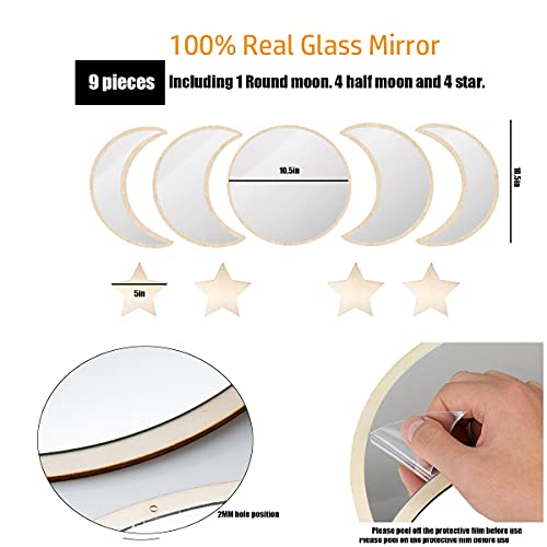 Aiewev Moon Phase Mirror Set Beige 5Pcs Moon Mirrors Wall Decor Real Glass Boho Wall Decorative Mirror Scandinavian Natural Decor Bohemian Wall-Mounted Mirror Sets For Living Room Bedroom Office #TOP5