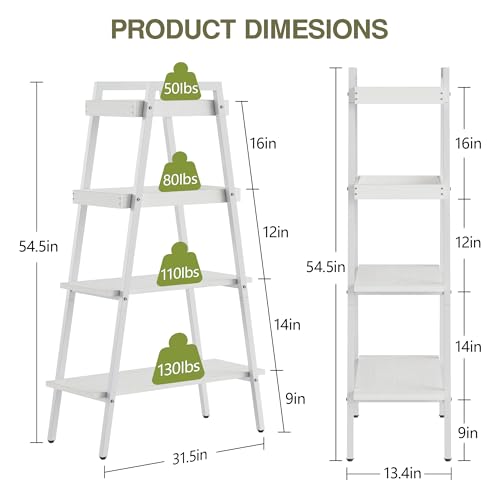 VECELO Ladder Shelf, 4 Tier Wooden Bookshelf with Metal Frame, Freestanding Bookcase Display Shelves and Plant Stand for Living Room/Farmhouse/Bedroom/Home Office-White by VECELO - Image 2