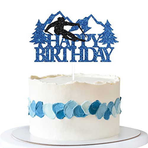 Skiing Birthday Cake Topper, Sport Skier Birthday Party Decoration, Ski Enthusiast Birthday Party Supplies Blue & Black Glitter