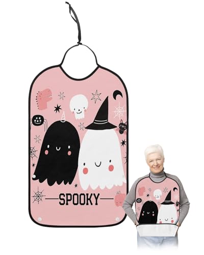 LEOKOTI Halloween Adult Bibs for Eating, Waterproof Bibs with Food Catcher & Adjustable Snap Closure, Black White Ghost Skull Pink Washable Clothing Protectors Adult Bibs for Elderly Women/Men