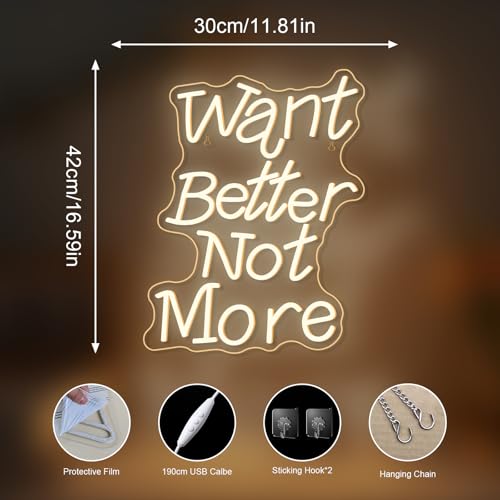 Image of Want Better Not More Neon Signs for Wall Decor Gym Neon Light Up Fitness Club Bar Party Exercise Light Sign in Home Gym Warm White Letters LED Art Gifts for Teens and Adult