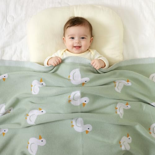 Image of mimixiong Baby Blanket Knit Receiving Boys Girls Blanket Soft Cotton Neutral Blanke for Swaddle Crib Stroller with Cute Sheep (Sage Green-Duck, 30x40 Inch (Pack of 1))
