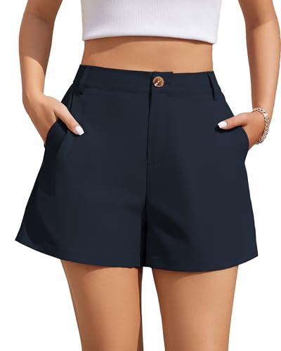 QILORA Shorts for Women Pleated Wide Leg High Waisted Casual Business Shorts with Pockets Summer Beach Vacation Clothes Navy Blue
