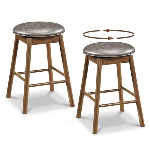 Juego de 2 butacos giratorios de madera COSTWAY, sillas altas de cuero sintético gris y natural con estructura de madera de caucho, reposapiés, sin respaldo, para isla de cocina miniatura 1