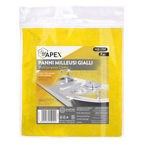 Apex Panni Milleusi Gialli – Set 3 Panni Multiuso Super Assorbenti – Lavabili e Riutilizzabili – Per Pulizia di Tutte le Superfici – 40x38 cm