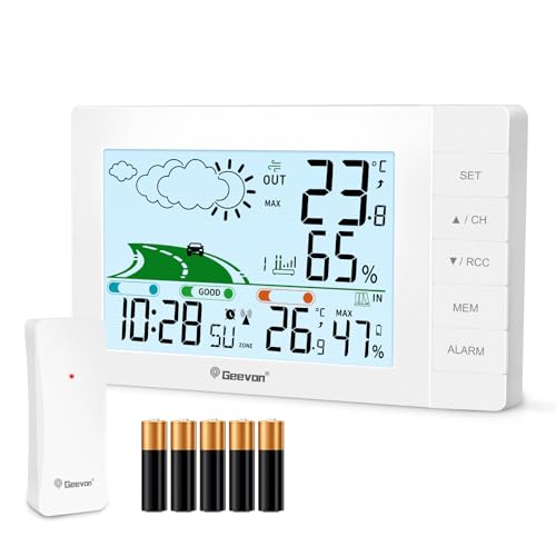 Geevon DCF Wetterstation Funk mit Außensensor, Digital Thermometer Innen/Außen Temperaturanzeige Funk, Funkthermometer mit Batteriebetrieben，Anti-Rutsch-Straße, Komfortanzeige (0562 mit batterien)