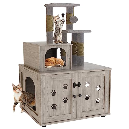 DKLGG Cat Tree with Cat Litter Box Enclosure, Hidden Washroom Furniture with Divider, Large Wooden Cat House with Cat Tree Condo, Sisal Scratching Post, and Soft Plush Perch Platform