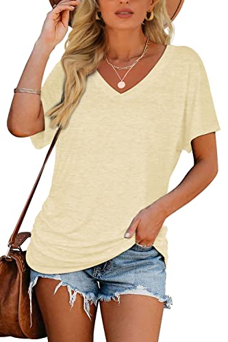 Image of WIHOLL Womens Summer T-Shirts Short Sleeve V Neck Dolman Tops with Side Shirring Loose Fit Shirts Spring Fashion