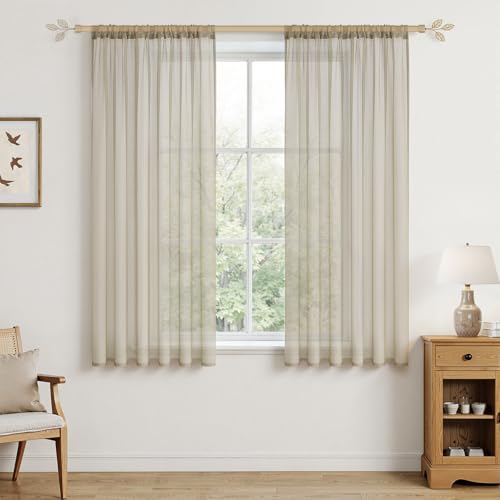 MRTREES Vorhänge Gardinen mit Store Vorhang Voile halbtransparent kurz in Leinenoptik Gardine Schals Beige Creme 150×140cm (H×B) für… – Ansicht 1