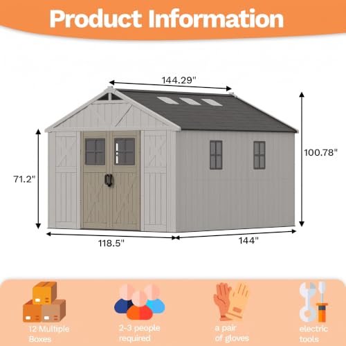 Image of Devoko 10x12 FT Resin Outdoor Storage Shed with Floor, Large Plastic Garden Shed with Windows & Lockable Door, Multipurpose Tool Storage Shed for Patio Backyard Lawn, Beige