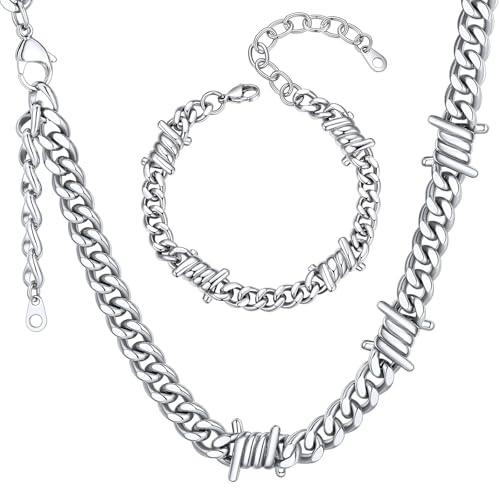 ChainsHouse Stainless Steel Barbed Wire Bracelet and Barbed Wire Cuban Necklace for Men
